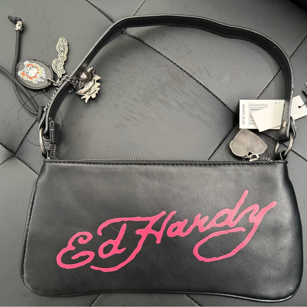 Ed Hardy Black Shoulder Bag with Twin Horse Embroidery and Red Flame Accents - Picture 2 of 2